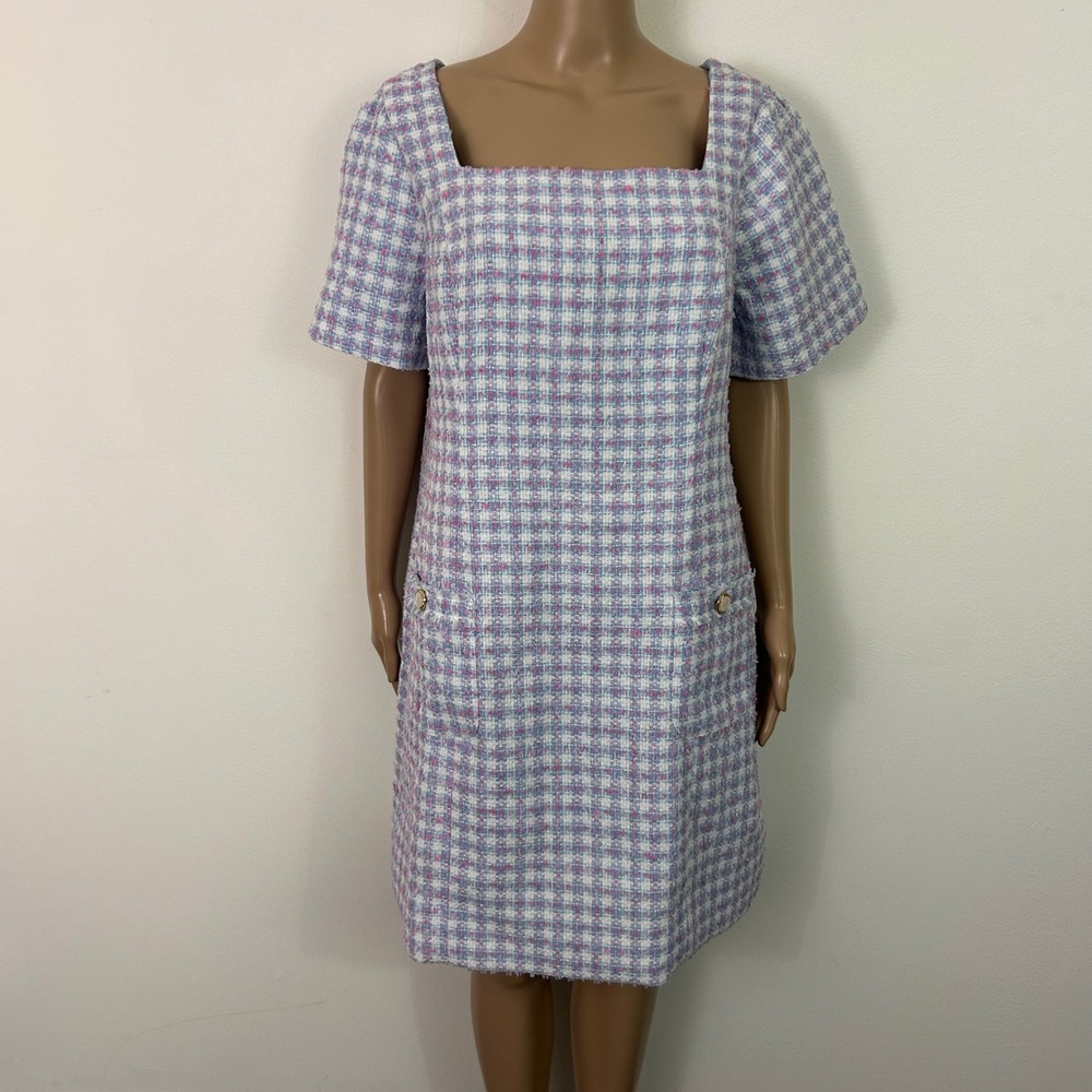 Lilly Pulitzer Blue Pink Plaid Boucle Tweed Square Neck Shift Dress NWT Size 14